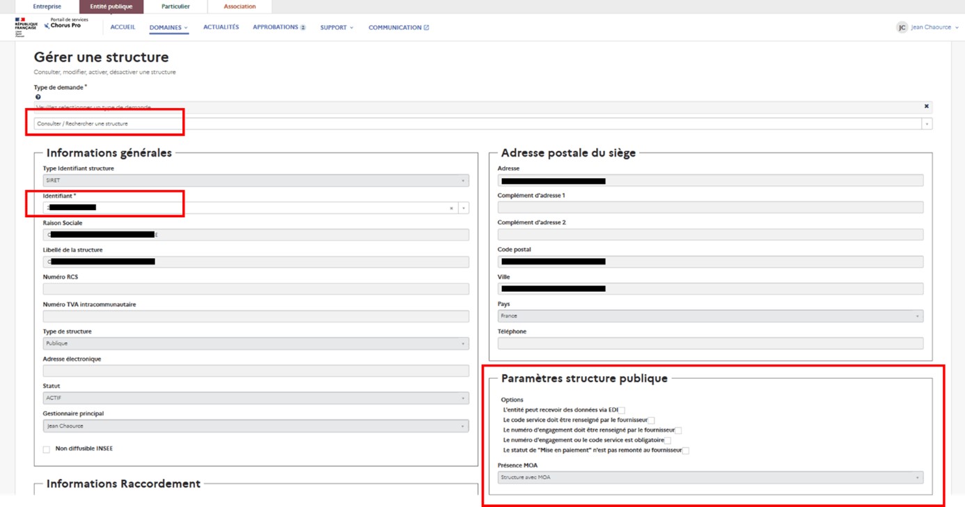 Ecran de gestion d'une structure publique. Noter le bloc "paramètres structures publiques" en partie droite de l'écran