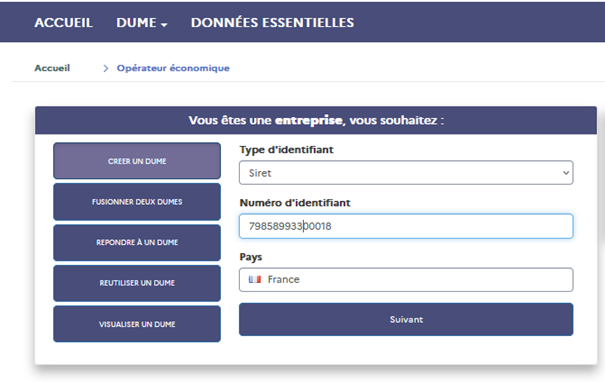 Création d'un DUME opérateur économique (c'est à dire entreprise)