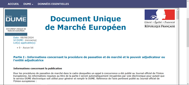Illustration de la visualisation d'un DUME sur l'utilitaire
