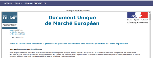 Exemple de visualisation d'un DUME sur l'utilitaire